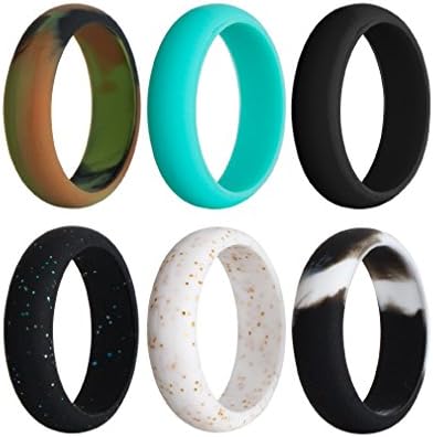 Silicone Wedding Ring For Women By Rmylove, 6 Pack - Designed for Comfort, Fitness, Exercise, 5.5 mm Wide (Camo，Turquoise ,Black，Glitter Black,White Sparkle,BlackWhite, 6 (16.5mm))