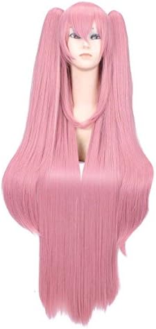 SIMUSTY Anime Cosplay Wigs 100cm39.4inch 680g Long Straight Pink w/ Double Jaws Clamp Ponytails