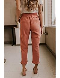 Pantalones de lino y algodón para dama, estilo casual, con cordón y bolsillos