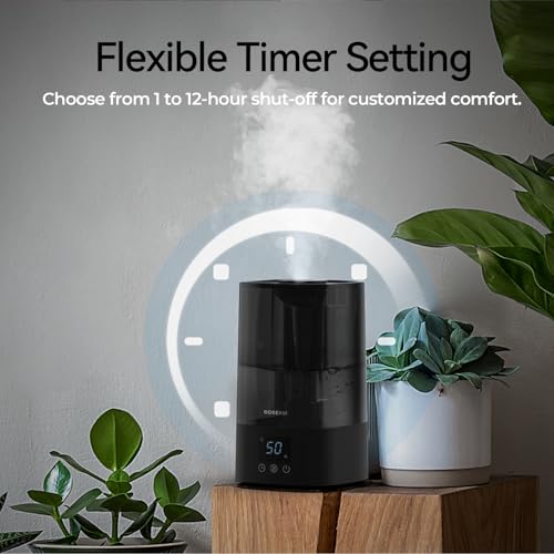 ROSEKM Automatic Humidifiers for Bedroom Large Room, 4.5L Cool Mist Humidifier for Home & Plant with Timer & Humidity Sensor, Last Up to 18H on High Setting, Auto Shut-Off, 360° Nozzle (Black)