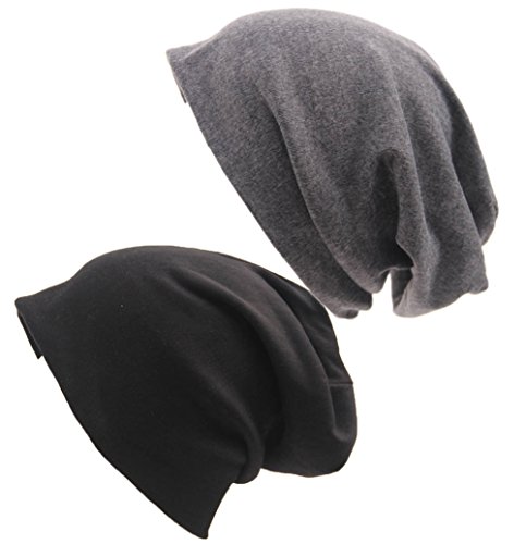 XiFe Unisex Indoors Cotton Beanie- Soft Sleep Cap for Hairloss, Cancer, Chemo (Black+Grey)