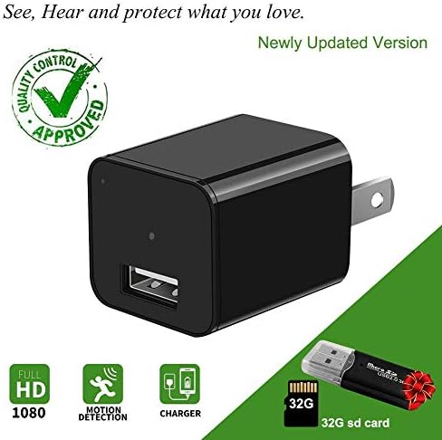 Charger Camera USB Wall Charger Camera Mini USB Security Camera Motion Detection Phone Charger Camera Nanny Camera with Removable 32GB Memory Card Black