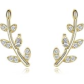 Reffeer Solid 925 Sterling Silver Leaf Crawler Stud Earrings for Women Teen Girls Crystal Leaf Stud Earrings