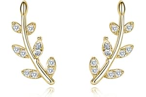 Reffeer 925 Sterling Silver Crystal Leaf Stud Earrings Ear Climber for Women Teens Leaf Crawler Earrings Stud Post Earrings C