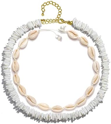 VOGUEKNOCK Puka Shell Necklace for Women Boho Tropical Hawaiian Beach Puka Chips Shell Surfer Choker Necklace Jewelry Mens Womens