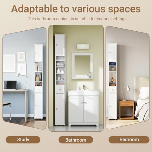 SoBuy Slim Bathroom Storage Cabinet, Narrow Storage Cabinet, Tall Slim Cabinet with Adjustable Shelves, Floor Standing Cupboard for Small Spaces, Bathroom or Laundry Room Organizer, White BZR34-W