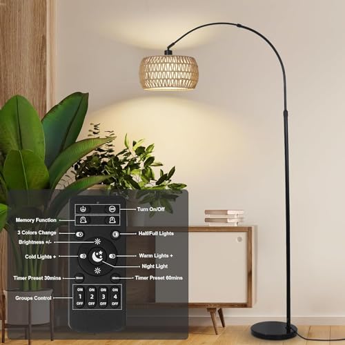 Homodoskey Arc Floor Lamp for Living Room with 3 Color Temperatures,Floor Lamps with Remote & Dimmable Bulb, Boho Standing Lamp with Rattan & Fabric Shade, Adjustable Tall Lamp for Bedroom, Office (A)