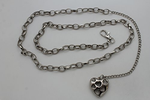 TFJ Women Fashion Silver Metal Chains Belt Love Heart Charm Plus M L XL