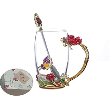 Handicraft Crystal Glass 3D Flower Cups Tea Mug With Tea Spoon Women Coffee, Tea, Juice, Beer, Milk Hot And Cold Drinks Use Gift Package. (Rose Red High Coffee Cup, 12 OZ)