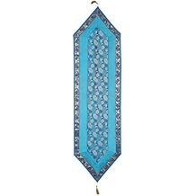 Mogul Interior Ethnic Hand Made Blue Varanasi Silk Sari Table Runner Home Decor 72x16