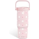 SANDJEST Daisy Stainless Steel Straw Lid Tumbler 30oz with Carry Handle for Women Girls, Insulated Travel Coffee Cup, Gift for Sports Outdoor Workout Christmas Birthday (Pink)