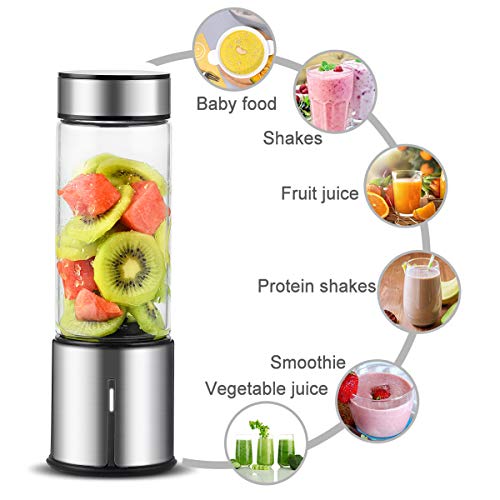 Portable Blender, TTLIFE 2 Cup Cover Personal Juicer Blender with 15oz, 5000mAH USB Rechargeable Cordless Smoothie Glass Blender for Travel, Gym, Picnic, Office, Home, Kitchen (FDA, BPA free)