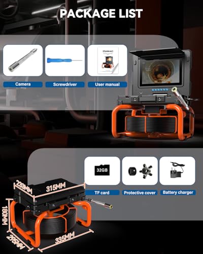 Caméra Inspection Canalisation 9'' Écran IPS, Caméra Égout Auto-Nivelante avec Compteur de Distance, HD 1080P Endoscope Tuyau avec Enregistrement Vidéo & Audio, Carte de 32 Go (9''-23MM/100FT)