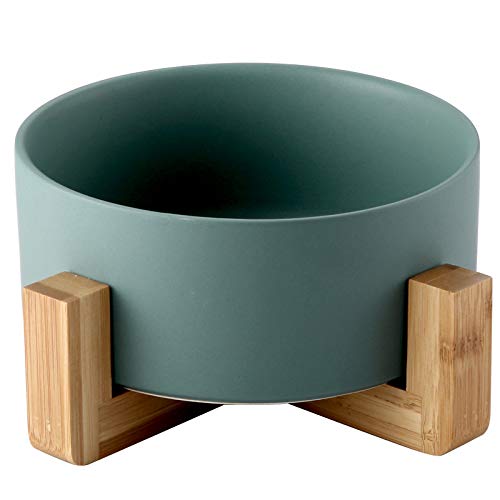 Bowls for Dogs and Cats Ceramic Bowls Raised with Bamboo Holders Ceramic Raised Bowls with Wooden Holders (SINGOLA 20.5 CM, GREEN)