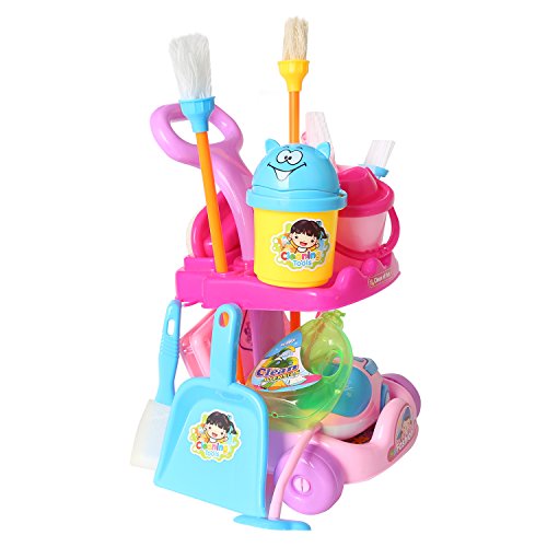 13 Piece 9.5" Mini Cleaning Cart Playset Household Appliances Tools Pretend Play Set Vacuum Cleaner Cleaning Trolley for Kids Cleaning Supplies Toys Broom, Mops, Brushes, Caution Sign(No.666-86)