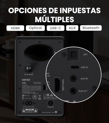 Colunas de estante M90, colunas de secretária RMS de 100W, áudio de alta resolução, LDAC, colunas compactas Bluetooth 6.0, entrada HDMI eARC/ótica/USB-C/AUX, Comando Remoto para TV/PC - Preto