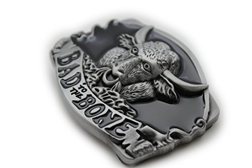 TFJ Men Belt Buckle Western Fashion Metal Bad To The Bones Buffalo Bull Silver