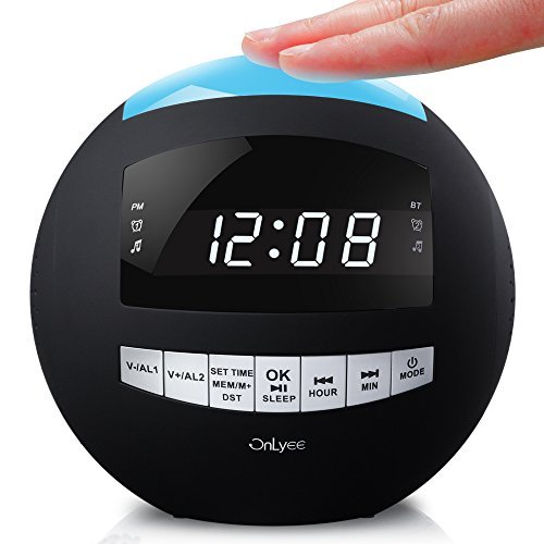 OnLyee Bluetooth Alarm Clock Radio, AM FM Radio, Digital LED, 7 Colored Night Light, AUX, Speaker, Dual USB Chargers, Dual Alarms - Kids Desk Kitchen Bedroom Heavy Sleepers
