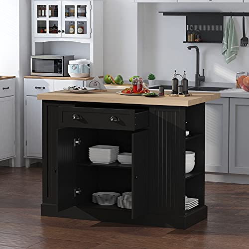 FlutedStyle Wooden Kitchen Island, Countertop with Drop Leaf, Drawer, Open Shelves