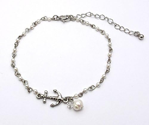 Sealife Summer Theme Bead Link Anklet Anchor Rhodium Plated Pearl