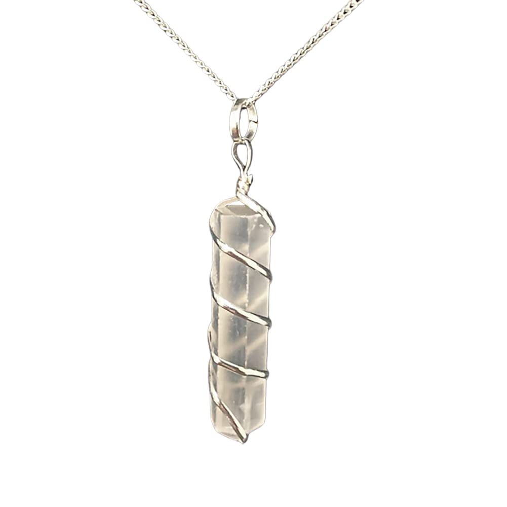 VIE Wire Wrapped Pencil Pendant, Silver Chain (Selenite)