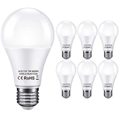 12V LED Light Bulb 60Watt Equivalen E26 7W 630Lm (6000K Daylight White) 12 Volt Low Voltage Lights AC/DC 11-18V A19 12volt Battery Power Off Grid Solar Panel RV Marine Boat Landscape Lighting- 6 Pack