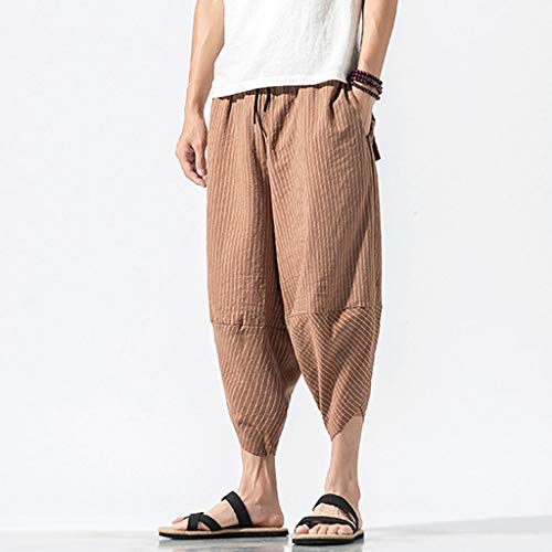 VEZAD Summer Harem Pants Men Casual Jogger Fitness Linen Loose Striped Cropped Trousers - Thumbnail 2