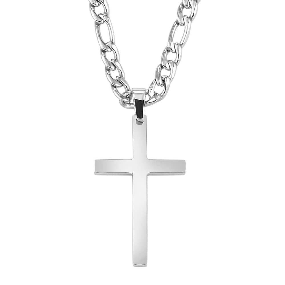 OUMI Cross Necklace for Men Women- Stainless Steel Pendant with 3:1 Figaro Chain -Silver 4/5/6 mm Width（Silver）…