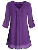 Yidarton Women Chiffon Blouses Roll-up Long Sleeve Top Casual V Neck Layered Tunic Shirt