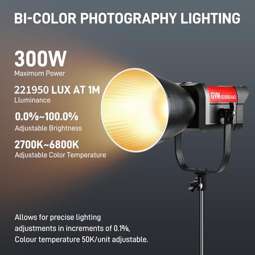 GVM 300W LED Video Light, 221950 Lux/1m, ARO SD300B Photo Lighting Kit with App Control, 2700K-6800K Continuous Studio Light for Youtube, Cinema, 12 Scenic Effects