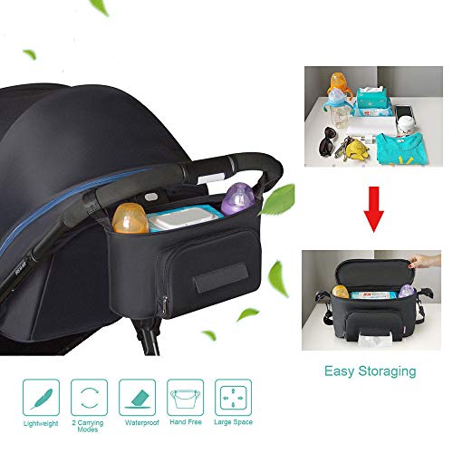 Large Buggy Pram Bag with 2 Cup Holders and Tissue Pocket, Pushchair Stroller Organiser for Mom Travel, Plus 2 Pram Hooks &1 Shoulder Strap