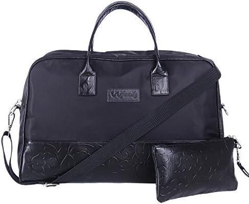 UU Family Nylon Fabric with Floral Embossed PU Carry On Luggage Travel Duffel Set for Women and Men (Black)