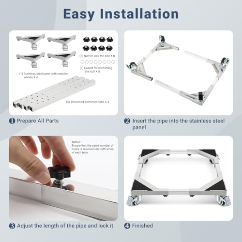 W B D WEIBIDA Stainless Steel for Heavy Duty Washing Machine Base Adjustable Tumble Dryer 54-72 cm, Capacity 300 kg Washing Machine Rustproof with 4 Lockable Wheels, Universal Washing Machine Holder
