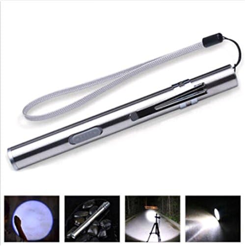 High 1000 Lumen Led Penlight, Silver Stainless Steel USB Rechargeable Pen Flashlight with Clip and Strap
