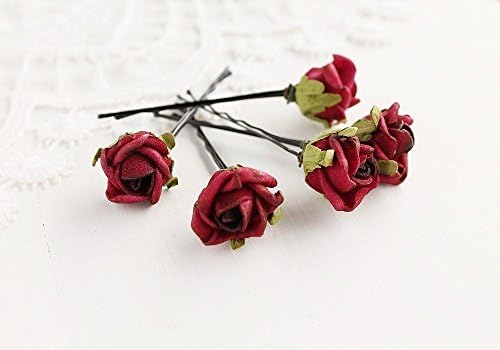 Deep Red Bridal Hair Pins, Burgundy Rose Clips, Marsala Flower Bobby Pins