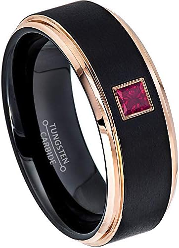 0.10ctw Solitaire Princess Cut Ruby Tungsten Ring - 8MM Brushed 2-Tone Rose Gold Tungsten Carbide Wedding Band - July Birthstone Ring