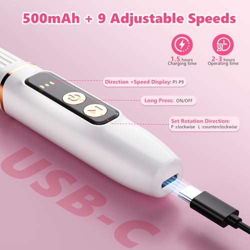 Nail Drill 35000RPM, 12 in 1 Electric Nail Mill Professional | Nail Cutter, LED Screen, 12 Accessories, 9 Speed, USB-C Rechargeable Wireless Nail Mill with Ceramic Tip