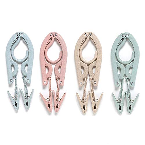 JINSHUNFA Clothes Hangers Folding Portable Plastic Travel Camping Clothes Hanger with Anti-Slip Grooves 4PCS(Blue Green Pink Beige)