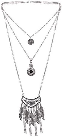 Yamao Vintage Jewelry Metal Silver Tone Geometry Leaf Three-layers Chain Necklace Tassel Necklace (nl034)