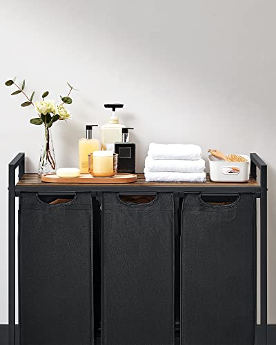 VASAGLE Cesto para Ropa Sucia, Cesta Colada, 3 Bolsas Colada de Tela Oxford, 3 x 40 L, 92.5 x 33 x 72 cm, Negro Tinta y Marrón Rústico MBLH301B01V1