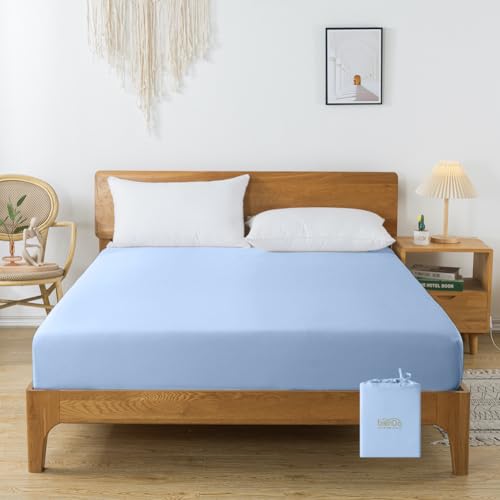 bienDo Fitted Sheet, 160 x 200 cm Bed, Vegan Bamboo Silk, 400 Thread Count, Pocket 35 cm, Cooling Sheet, Breathable and Soft – Blue