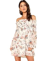Romwe Vestido de mujer con estampado floral y mangas trompeta sin hombros.