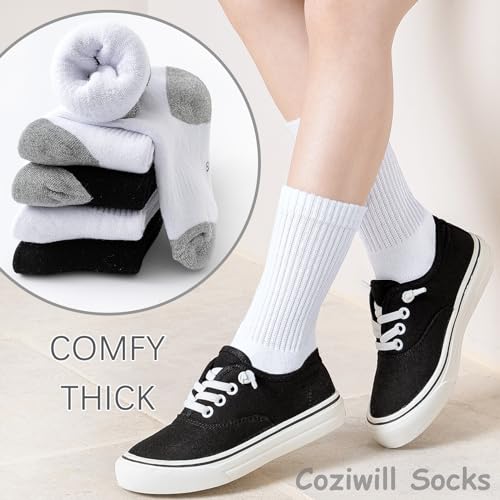 KIDS CREW SOCKS BOYS CUSHIONED ATHLETIC SOCKS GIRLS COTTON DRESS SOCKS THICK SPORTS SCHOOL UNIFORM YOUTH 6 PAIRS (3*BLACK 01+3*WHITE 01, S)