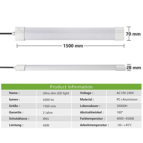TONFFI 150CM Ultraslim LED Feuchtraumleuchte 42W 4200 Lumen Neutralweiß 4000K-4500K Wasserfest IP65 für Keller Garage… – Bild 3