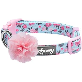 Blueberry Pet 5 Patterns Made Well Cute Floral Print Adjustable Dog Collar in Light Blue with Pink Artificial Silk Flower, X-Small, Neck 7.5