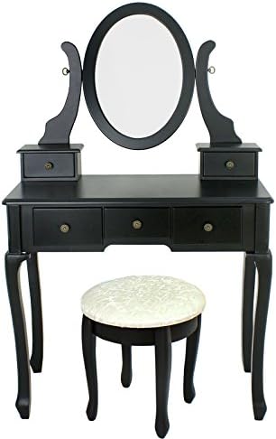 Super Deal Makeup Dressing Table Set w/Stool 5 Drawer &amp;Oval Mirror Jewelry Desk Wood Bedroom Home Furniture (Black)