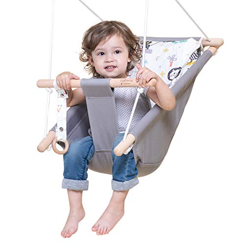 Baby Swing for Baby and Toddler, Canvas Baby Hammock Swing Indoor and Outdoor with Safety Belt and Mounting Hardware, Wooden Hanging Swing Seat Chair for Baby up to 4 Year -Cute Animal