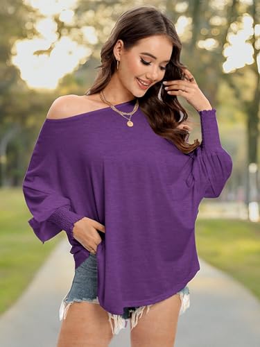 SUCOLAN WOMEN’S 2024 FASHION TOPS LONG SLEEVE T-SHIRTS CUTE CREWNECK BASIC BUSINESS TEES LOOSE FITTED CASUAL BLOUSES PURPLE