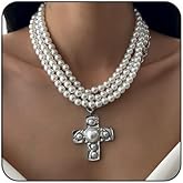 Chunky Cross Necklace for Women Vintage Layered Pearl Cross Pendant Necklaces Gothic Pearl Multilayer Cross Necklace Chunky Halloween Party Jewelry