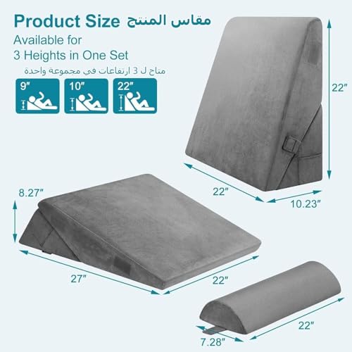 Bed Wedge Pillow Set, Adjustable Wedge Pillow Headboard (3Pcs Grey)